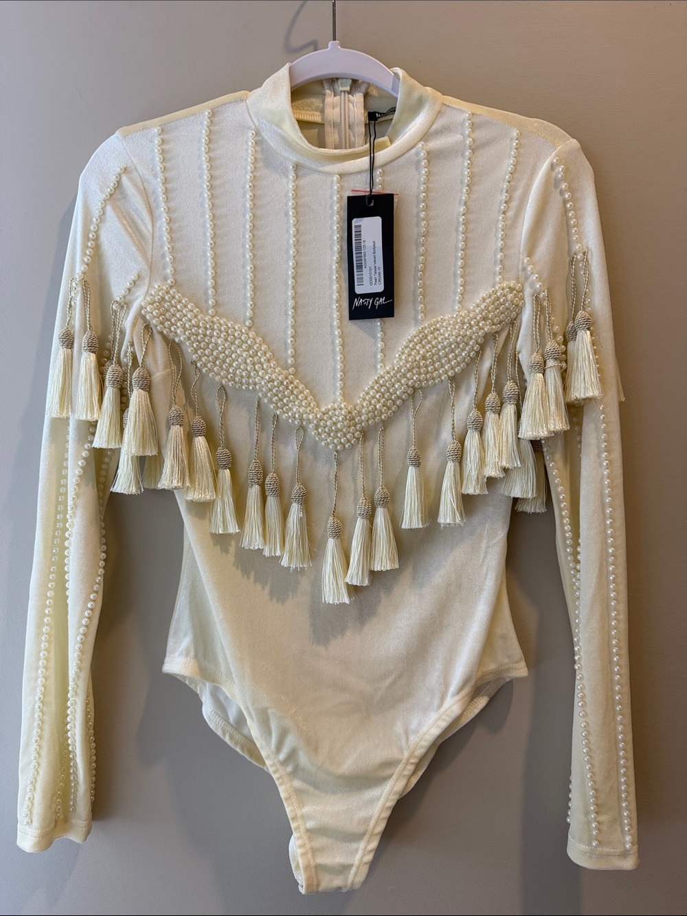 Nasty Gal Pearl Tassel Velvet Bodysuit in Cream, Size 10 NWT